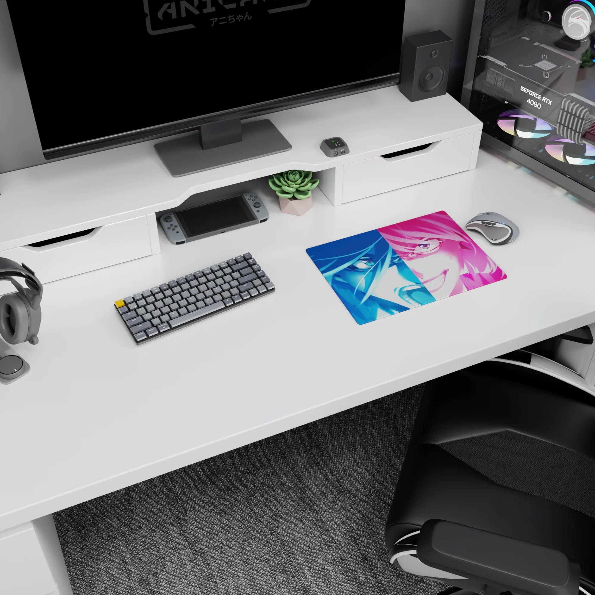 Troublemaker anime girl stares back on a 14x10 inches mouse pad, one sharp eye glinting in neon.