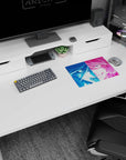 Troublemaker anime girl stares back on a 14x10 inches mouse pad, one sharp eye glinting in neon.
