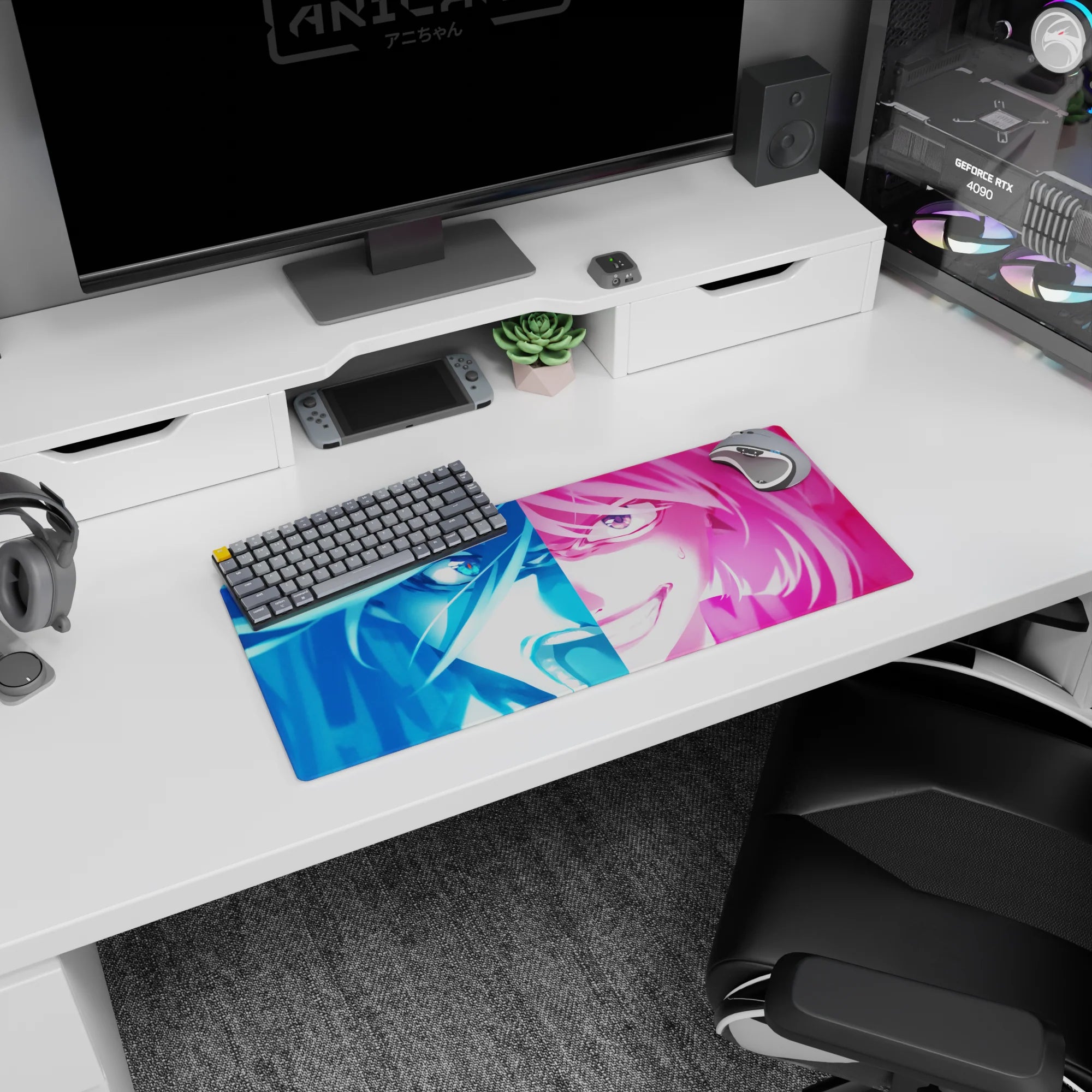 28x12 inches anime girl mouse pad showing a two-tone girl staring back, sweat drop and sly eye glint.