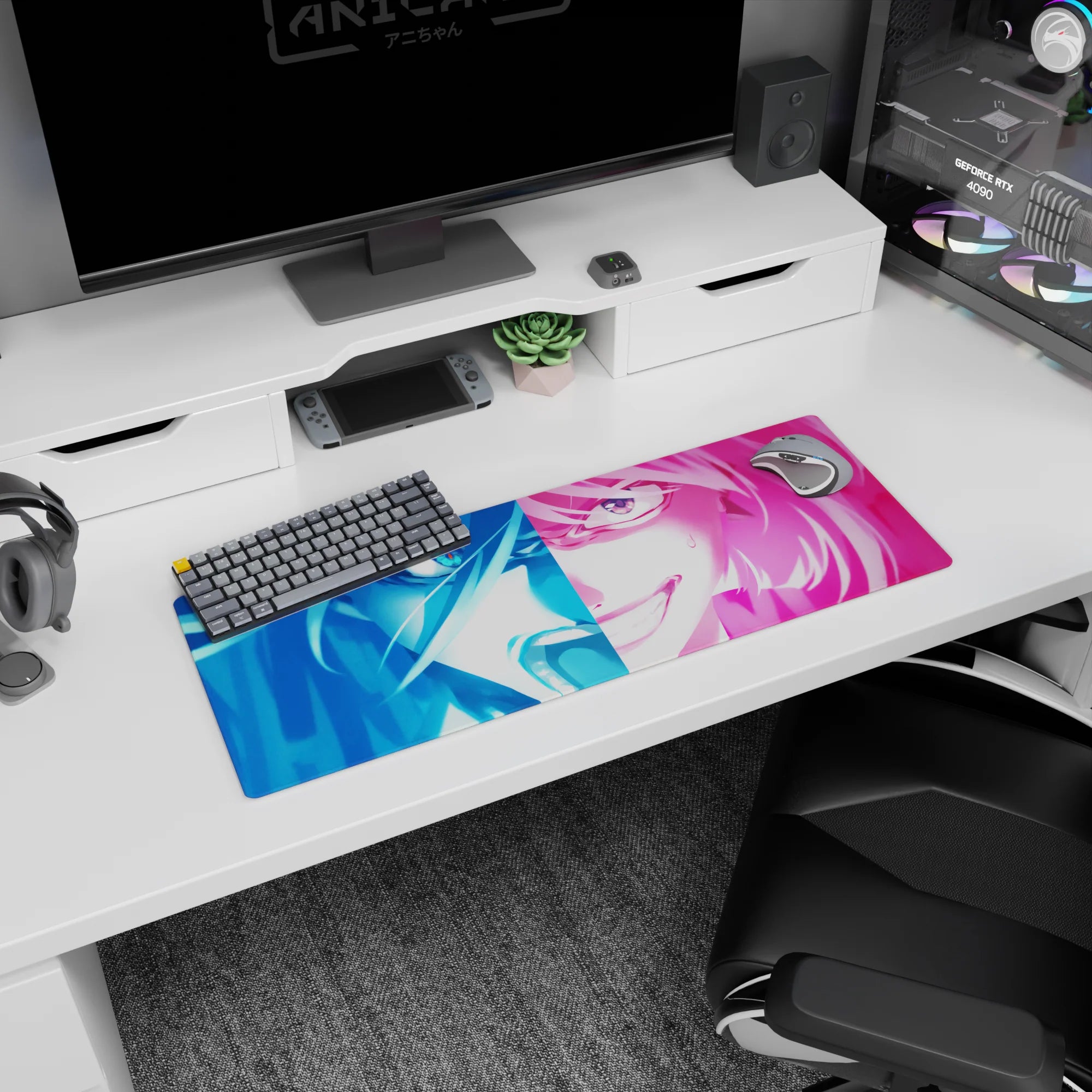 32x12 inches anime girl mouse pad showing a sharp-eyed troublemaker with a sweat drop and hair across her face.
