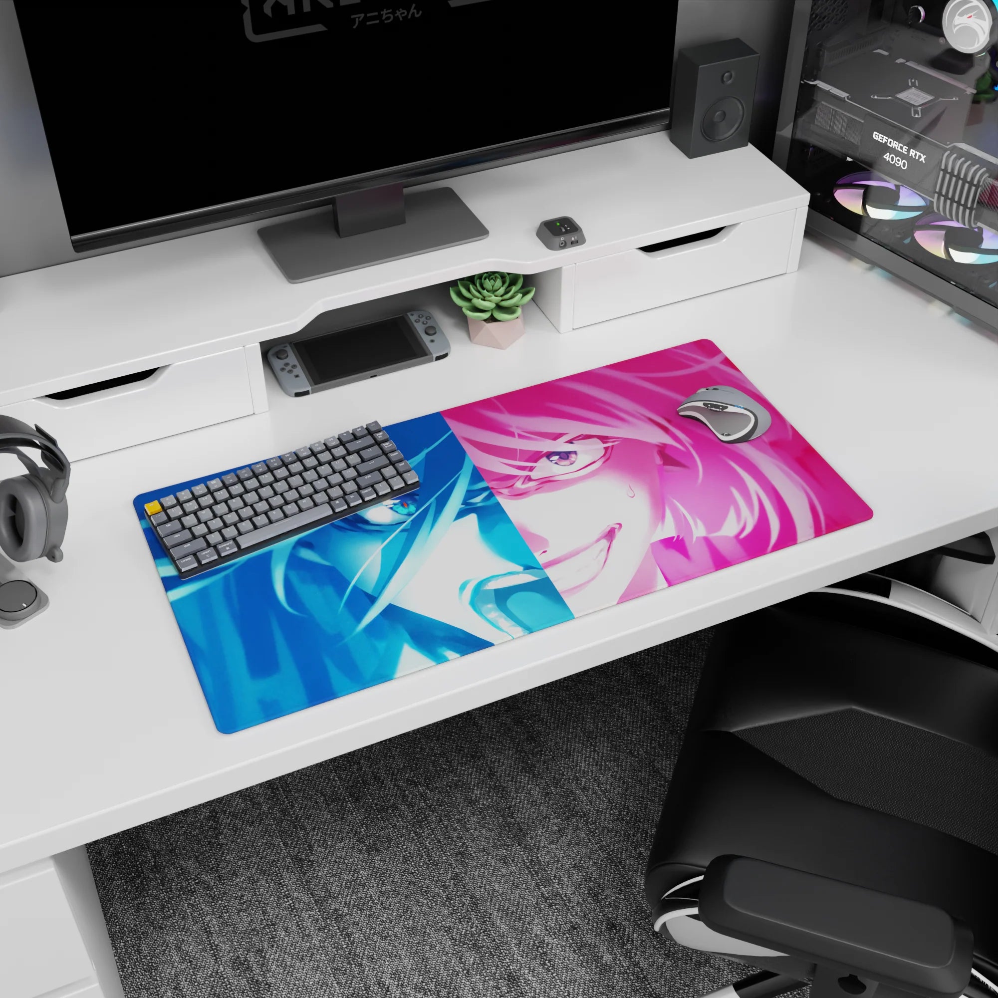 32x16 inches desk mouse pad featuring a two-tone anime girl staring back, sharp eye glint and trouble smile.
