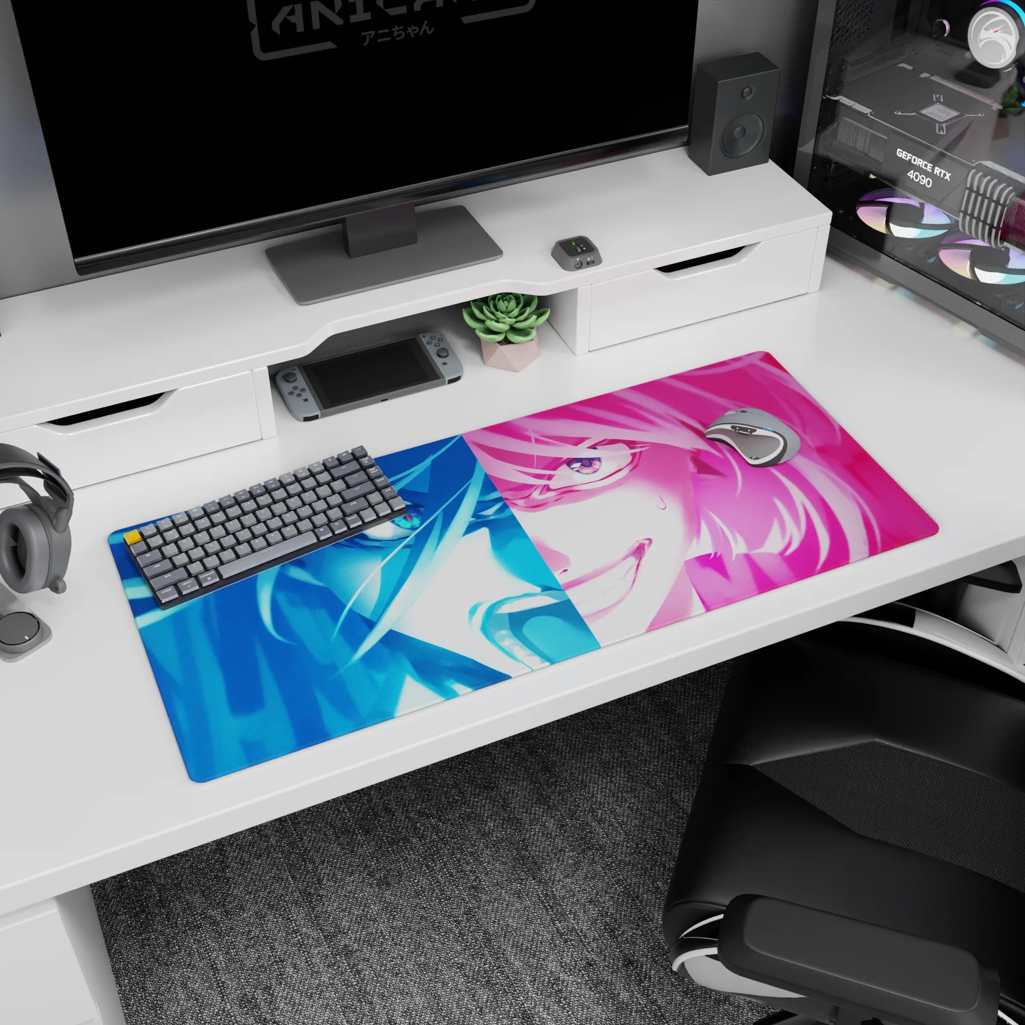 Close-up anime girl desk pad 36x16 inches, one sharp eye glinting as hair slices across her face.