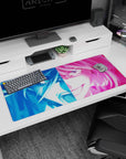 Close-up anime girl desk pad 36x16 inches, one sharp eye glinting as hair slices across her face.