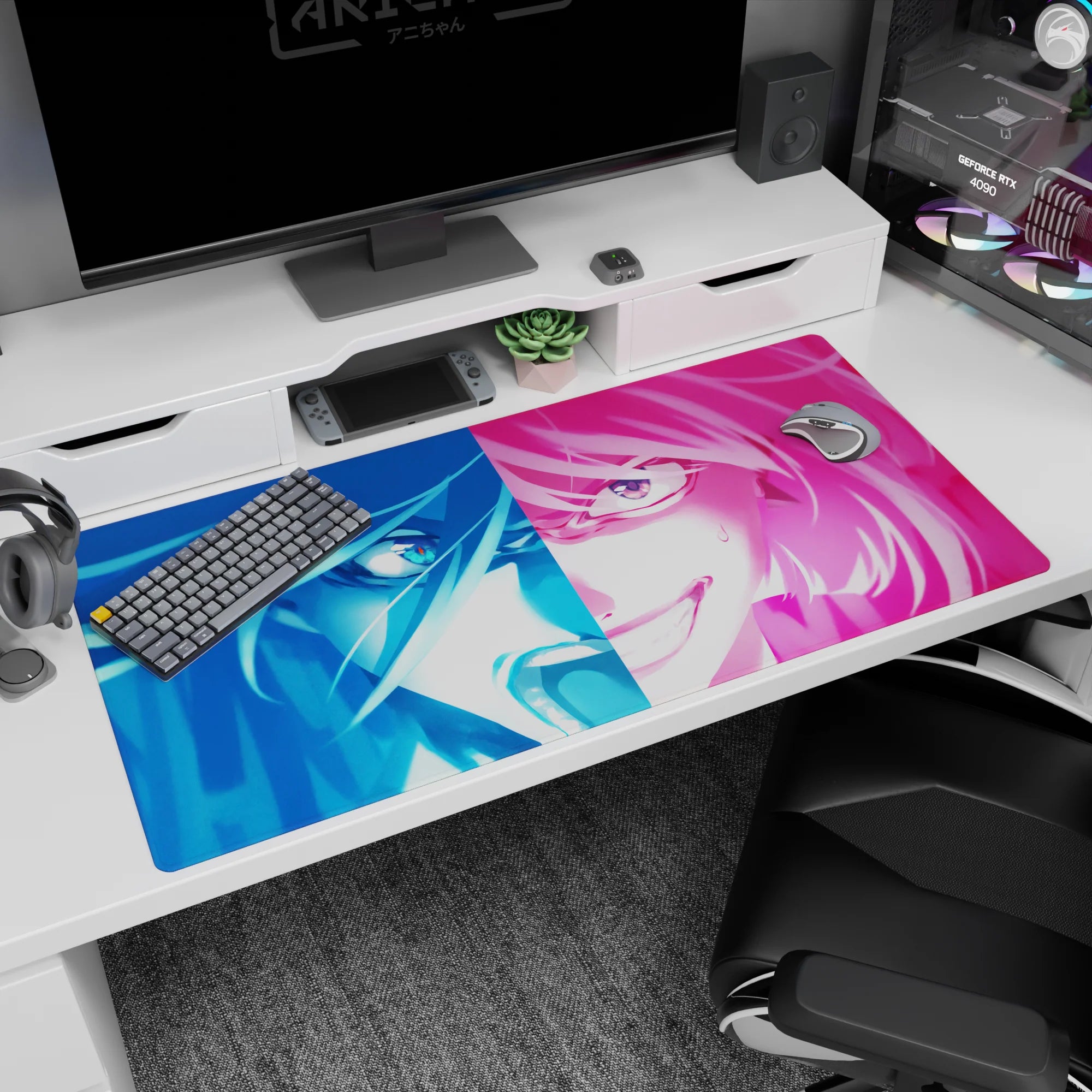 Troublemaker anime girl staring back on desk pad 40x20 inches, split-color face and sharp eye glint.