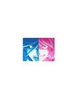 Classic anime girl mouse pad 14x10 inches with split-face portrait, glossy hair streaks, mischievous grin.
