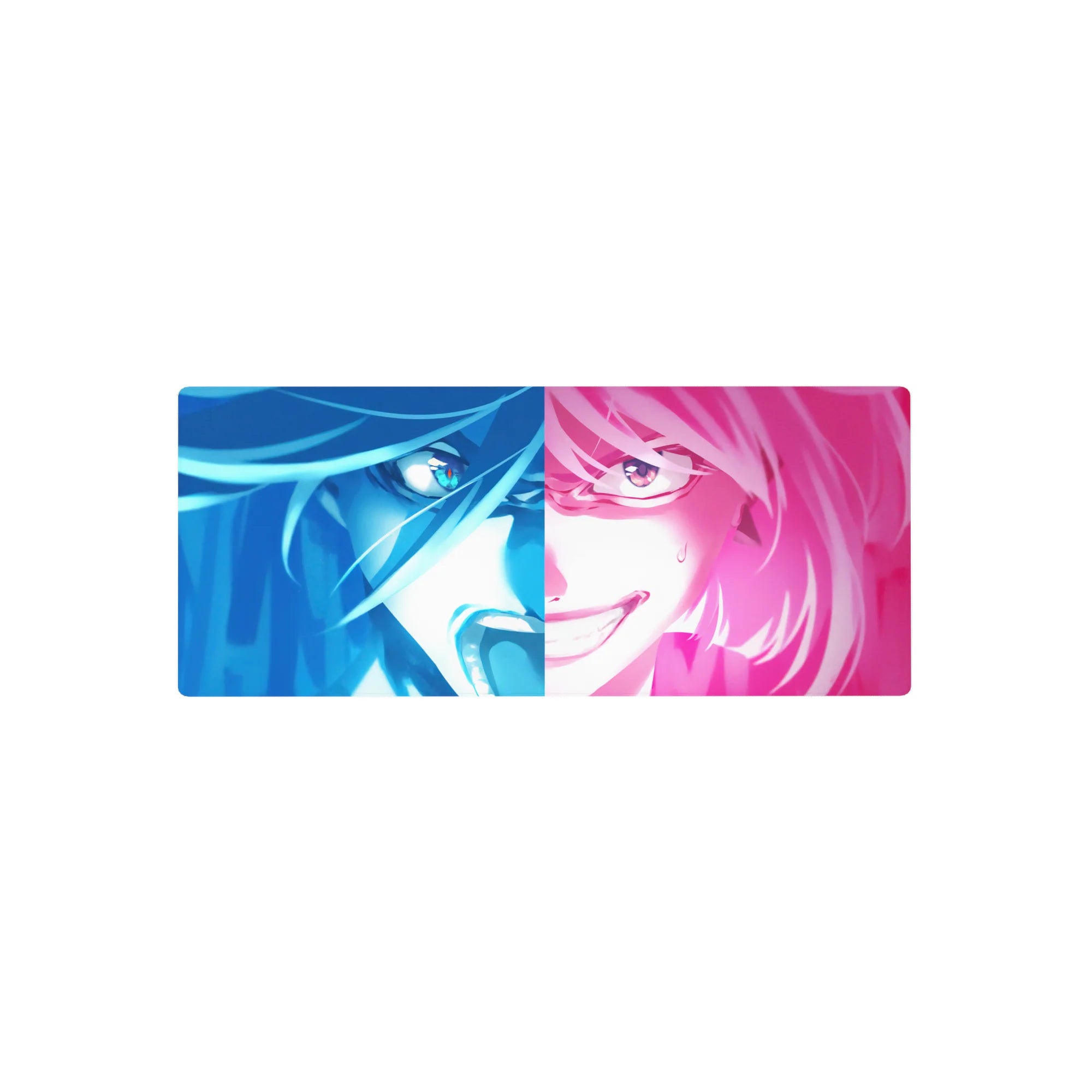28x12 inches anime girl mouse pad with split-face neon portrait, glossy hair streaks, mischievous grin.