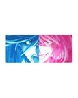 28x12 inches anime girl mouse pad with split-face neon portrait, glossy hair streaks, mischievous grin.