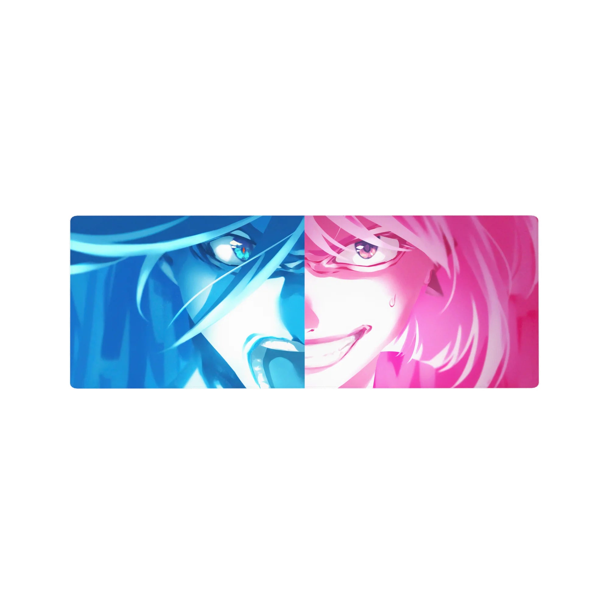 32x12 inches anime girl mouse pad with split-face neon portrait, glossy hair strands, and mischievous grin.