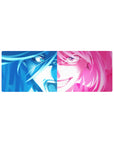 32x12 inches anime girl mouse pad with split-face neon portrait, glossy hair strands, and mischievous grin.