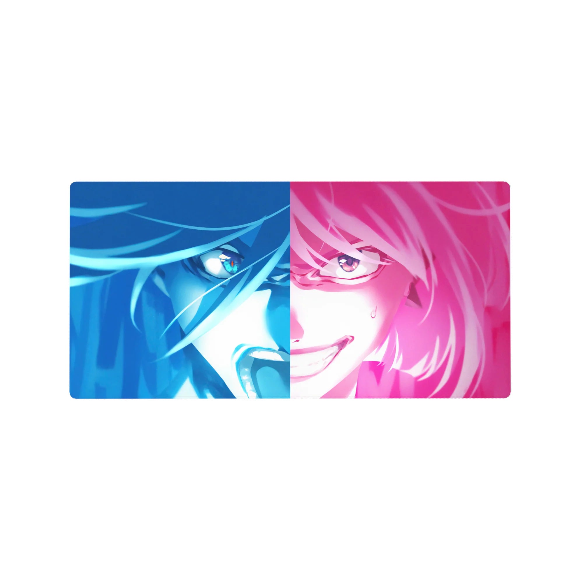 32x16 inches anime girl mouse pad with split-face design, glossy hair, mischievous grin, and sweat drop.