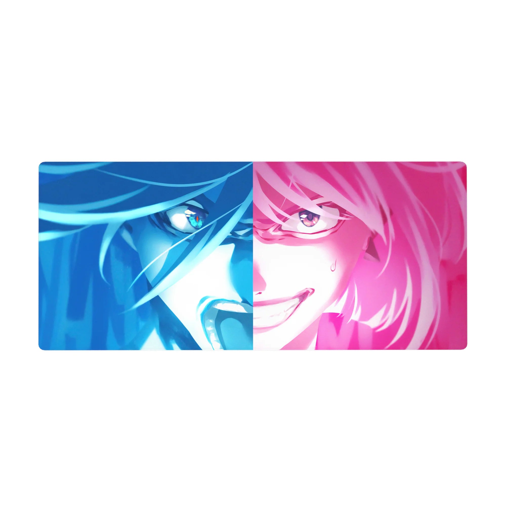 Anime girl desk pad 36x16 inches with split-face design, glossy hair strands, mischievous grin.