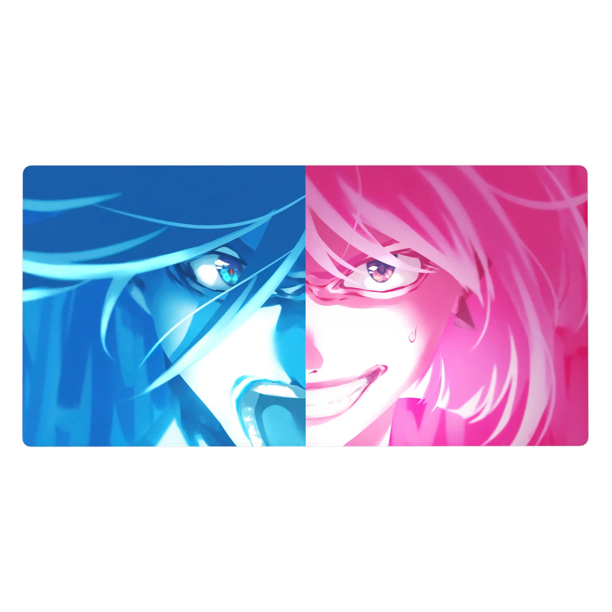 Anime girl desk pad 40x20 inches with split-face neon portrait, glossy hair strands, and mischievous grin.