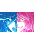 Anime girl desk pad 40x20 inches with split-face neon portrait, glossy hair strands, and mischievous grin.