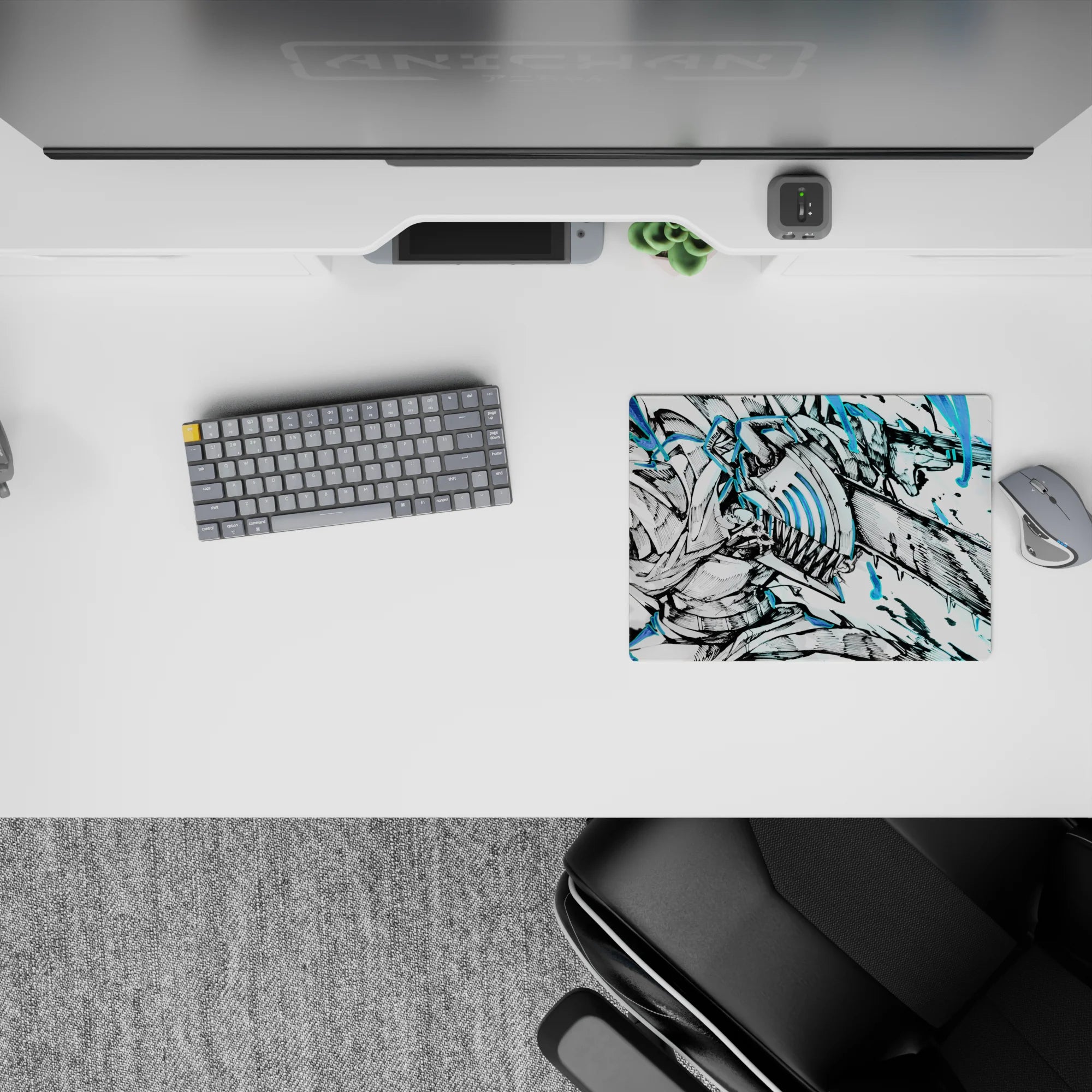 Chainsaw Man mouse pad featuring Denji in action, 14x10 inches, showcases intense anime art with electric blue highlights.