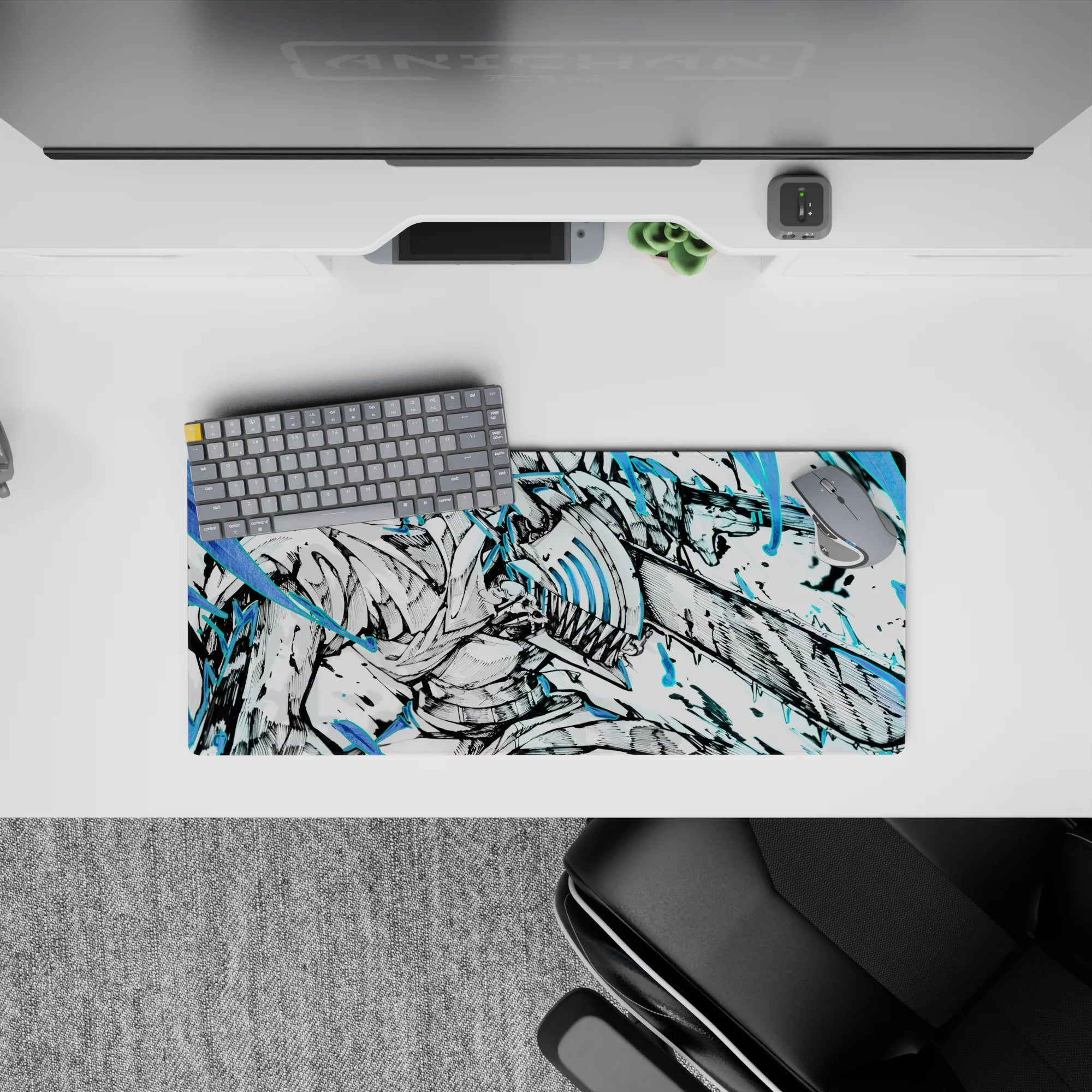 Anime mouse pad featuring Denji from Chainsaw Man, size 28x12 inches, showcasing intense electric blues and black-and-white chaos.