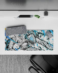 Anime mouse pad featuring Denji from Chainsaw Man, size 28x12 inches, showcasing intense electric blues and black-and-white chaos.