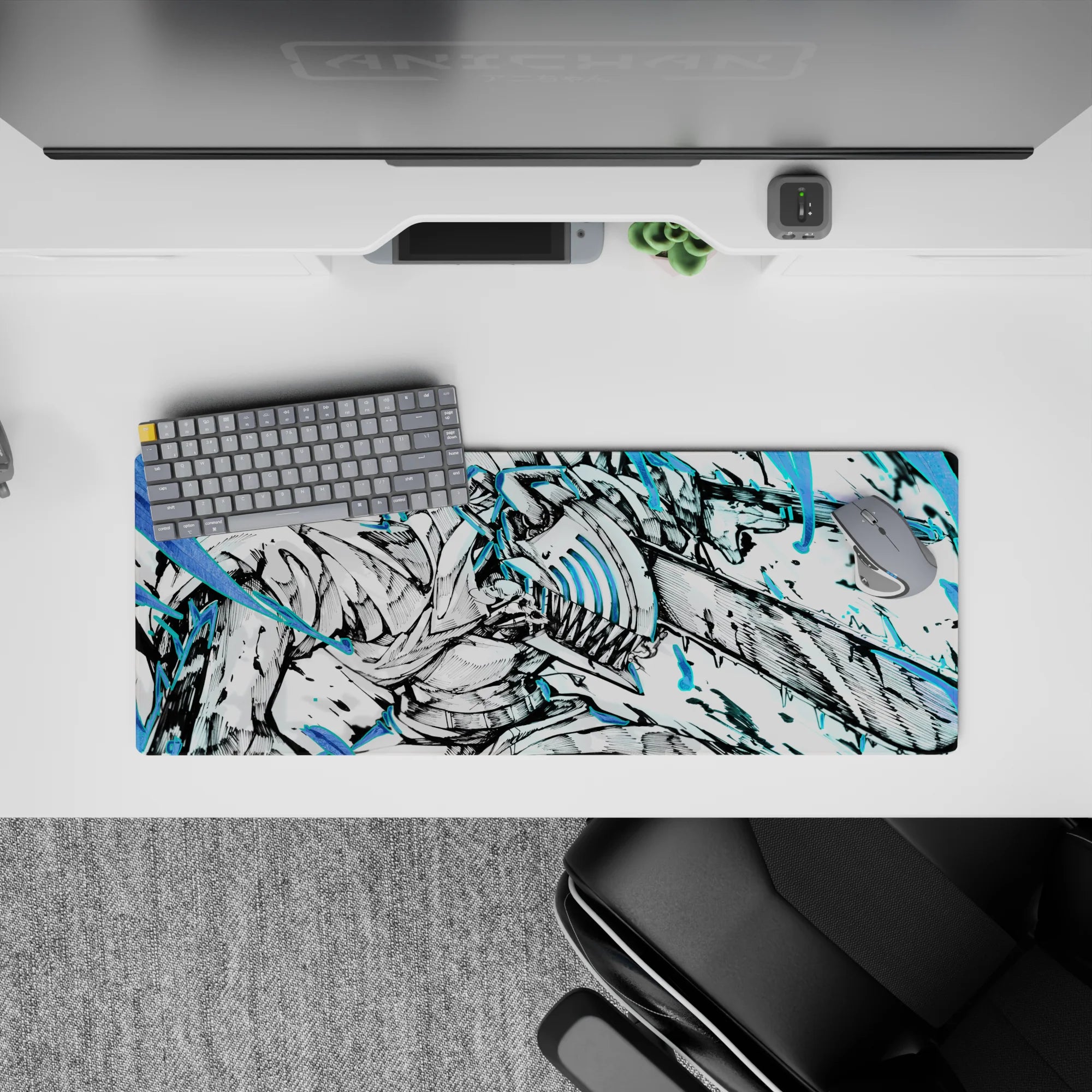 Anime mouse pad 32x12 inches featuring Denji from Chainsaw Man in dynamic, ink-heavy action with electric blue highlights.