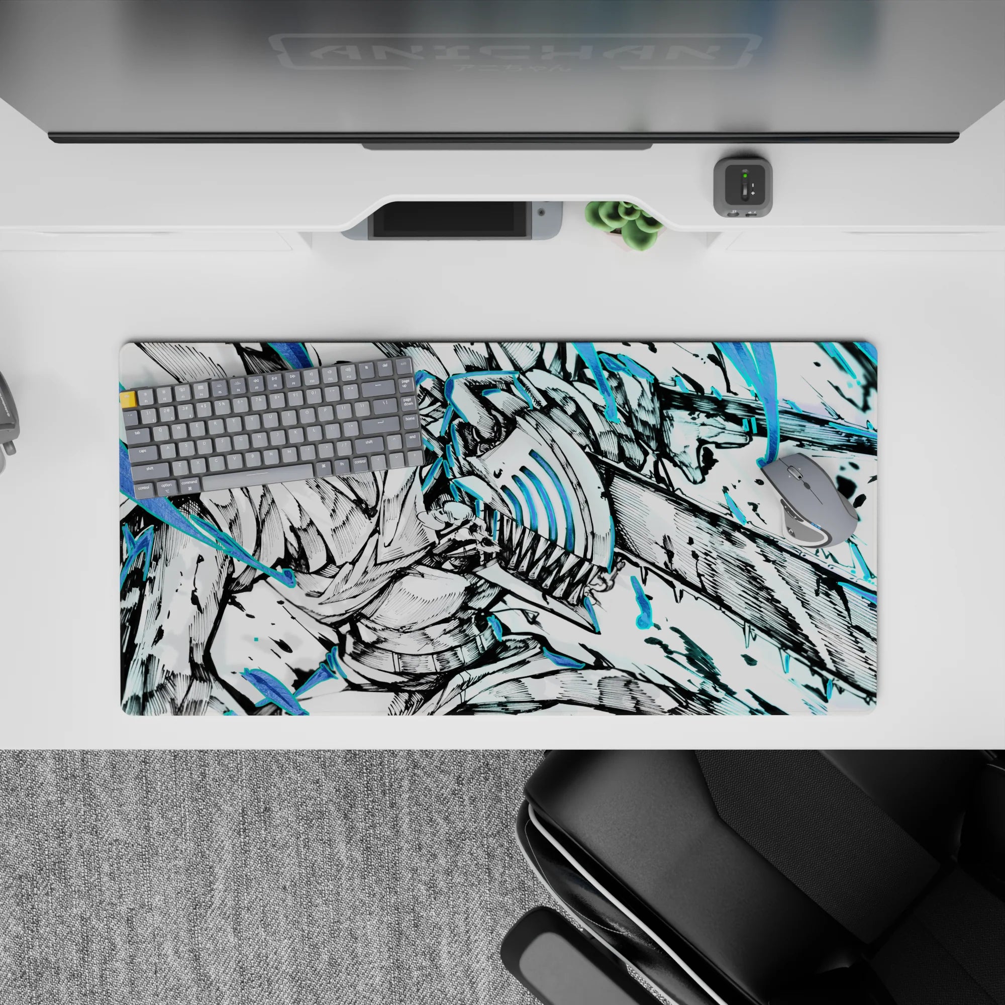 Anime mouse pad 32x16 inches featuring Denji from Chainsaw Man in dynamic, ink-heavy design with electric blues.