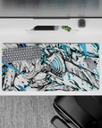 Anime mouse pad 32x16 inches featuring Denji from Chainsaw Man in dynamic, ink-heavy design with electric blues.