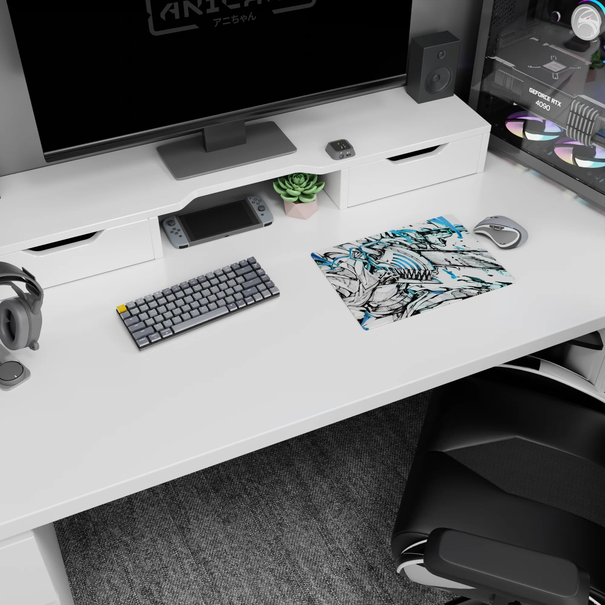 Chainsaw Man anime mouse pad featuring Denji in full form, sized 14x10 inches. Bold design with electric blues.