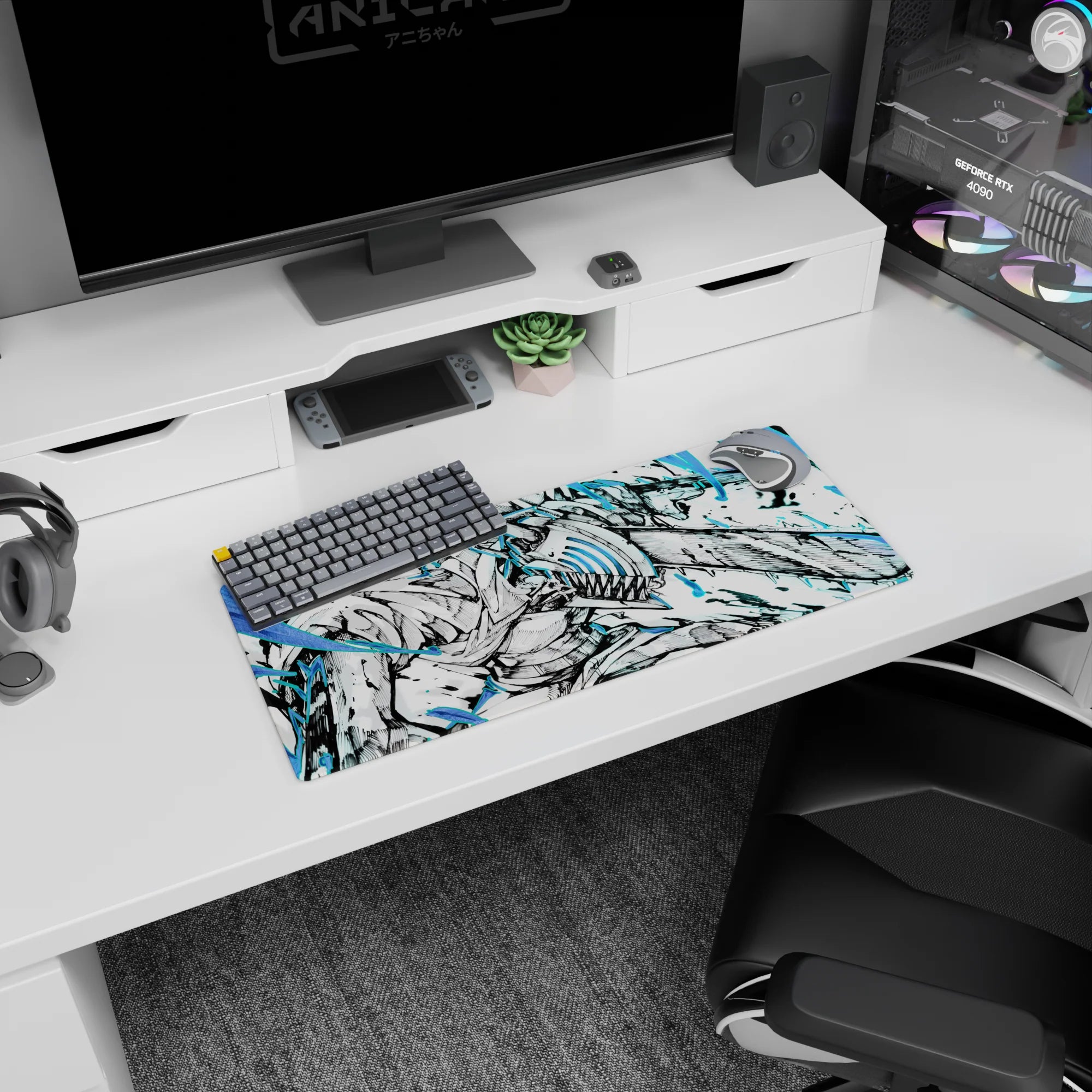 Anime mouse pad 28x12 inches featuring Denji from Chainsaw Man in dynamic, intense black-and-white with electric blues.