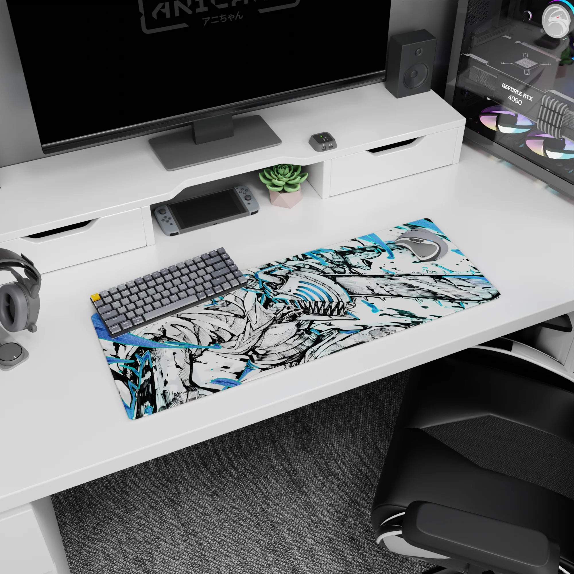 Anime mouse pad 32x12 inches featuring Denji from Chainsaw Man, showcasing intense electric blues and black-and-white chaos.