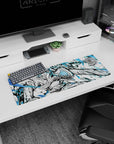 Anime mouse pad 32x12 inches featuring Denji from Chainsaw Man, showcasing intense electric blues and black-and-white chaos.