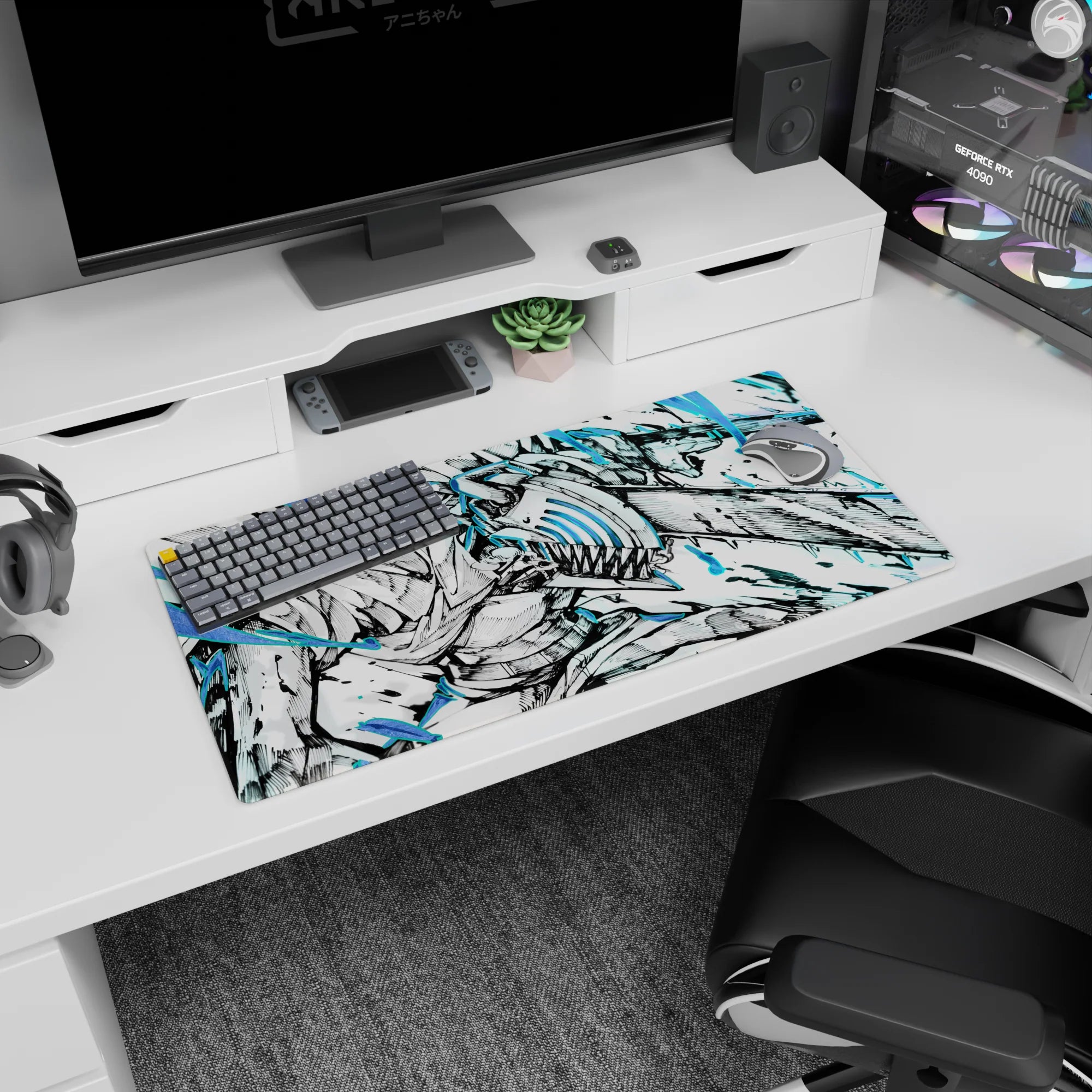 Anime mouse pad 32x16 inches featuring Denji from Chainsaw Man in dynamic action with intense blue and black contrast.