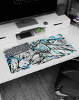 Anime mouse pad 32x16 inches featuring Denji from Chainsaw Man in dynamic action with intense blue and black contrast.