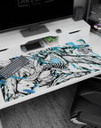 Anime mouse pad 40x20 inches featuring Denji from Chainsaw Man in intense, electric blue and black-and-white chaos.