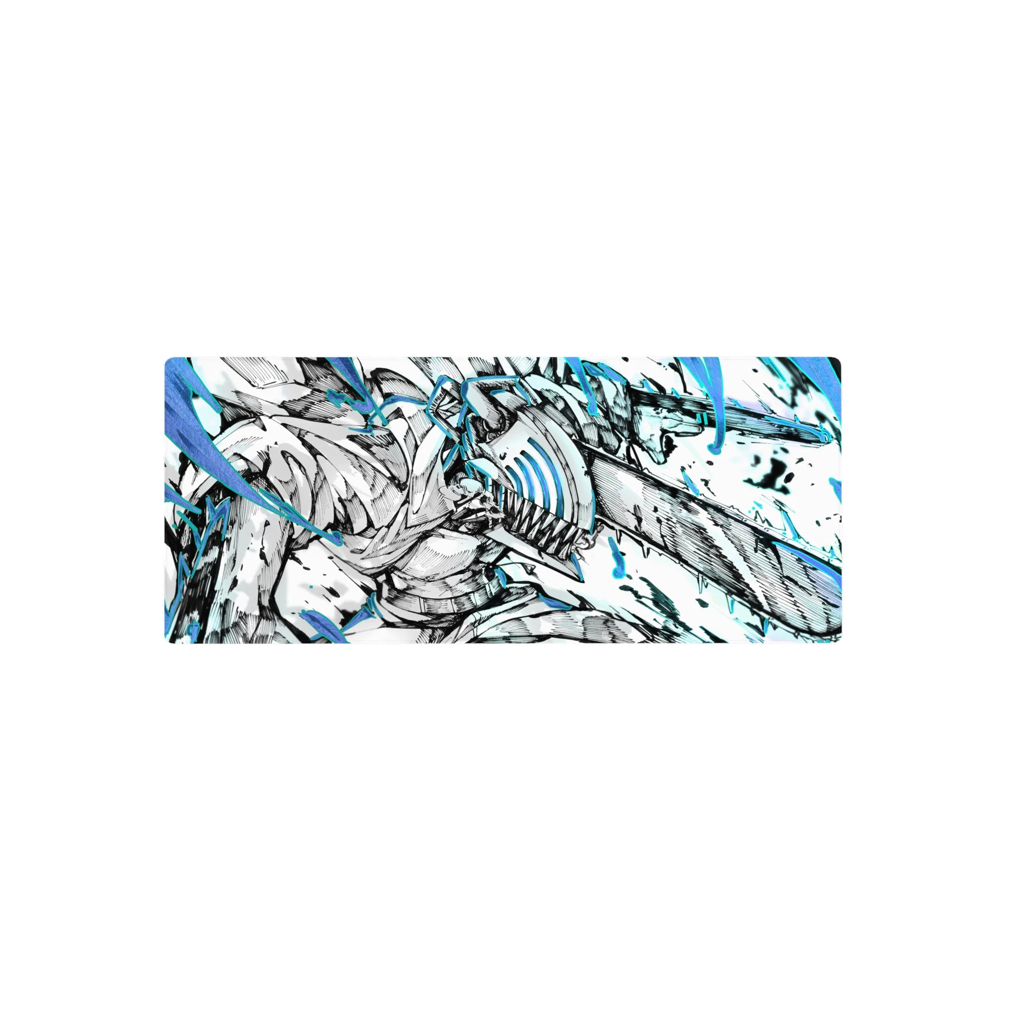 Anime mouse pad featuring Chainsaw Man's Denji in full form, 28x12 inches, with electric blues and black-and-white drama.