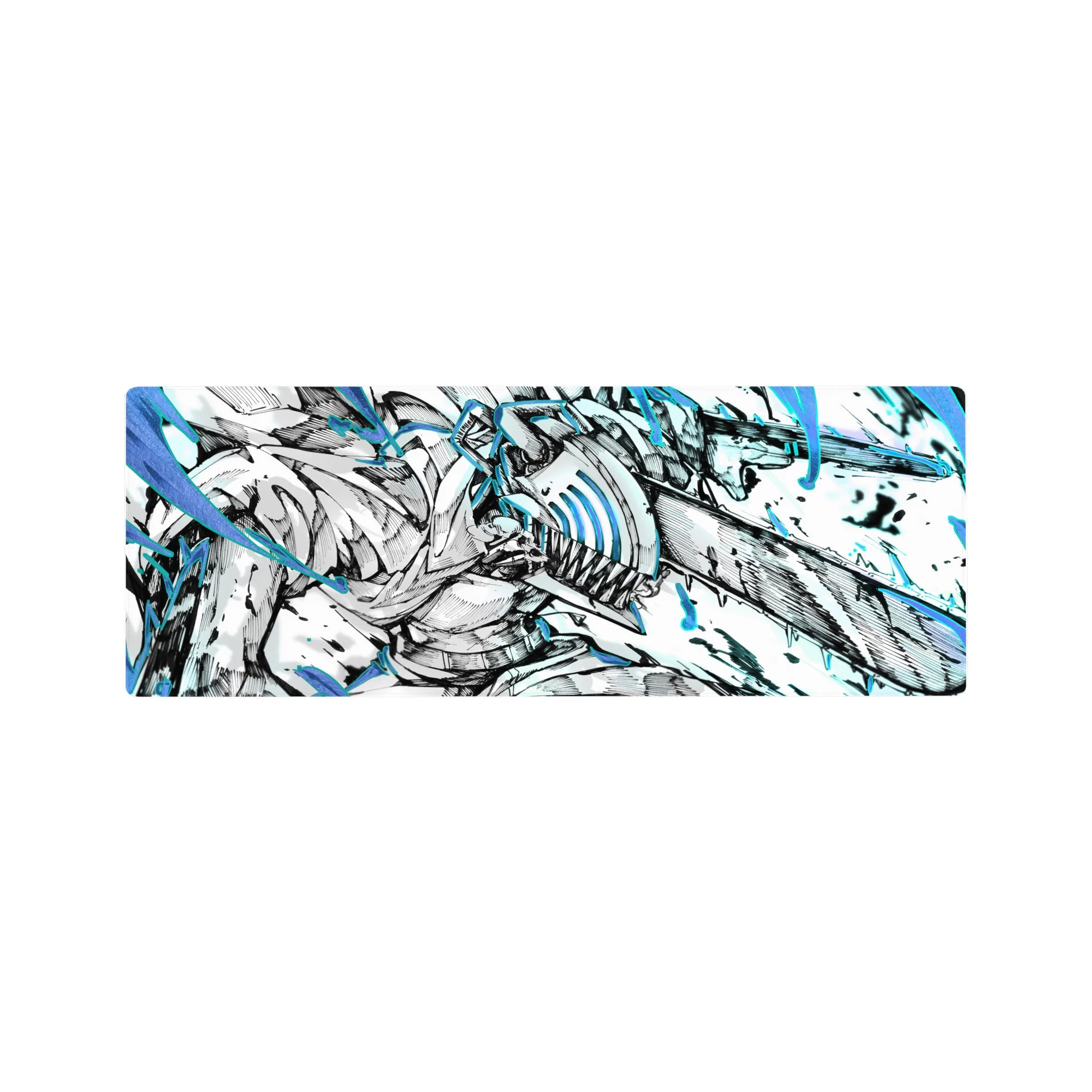 Anime mouse pad sized 32x12 inches featuring Denji from Chainsaw Man in dynamic, ink-heavy strokes against electric blues.