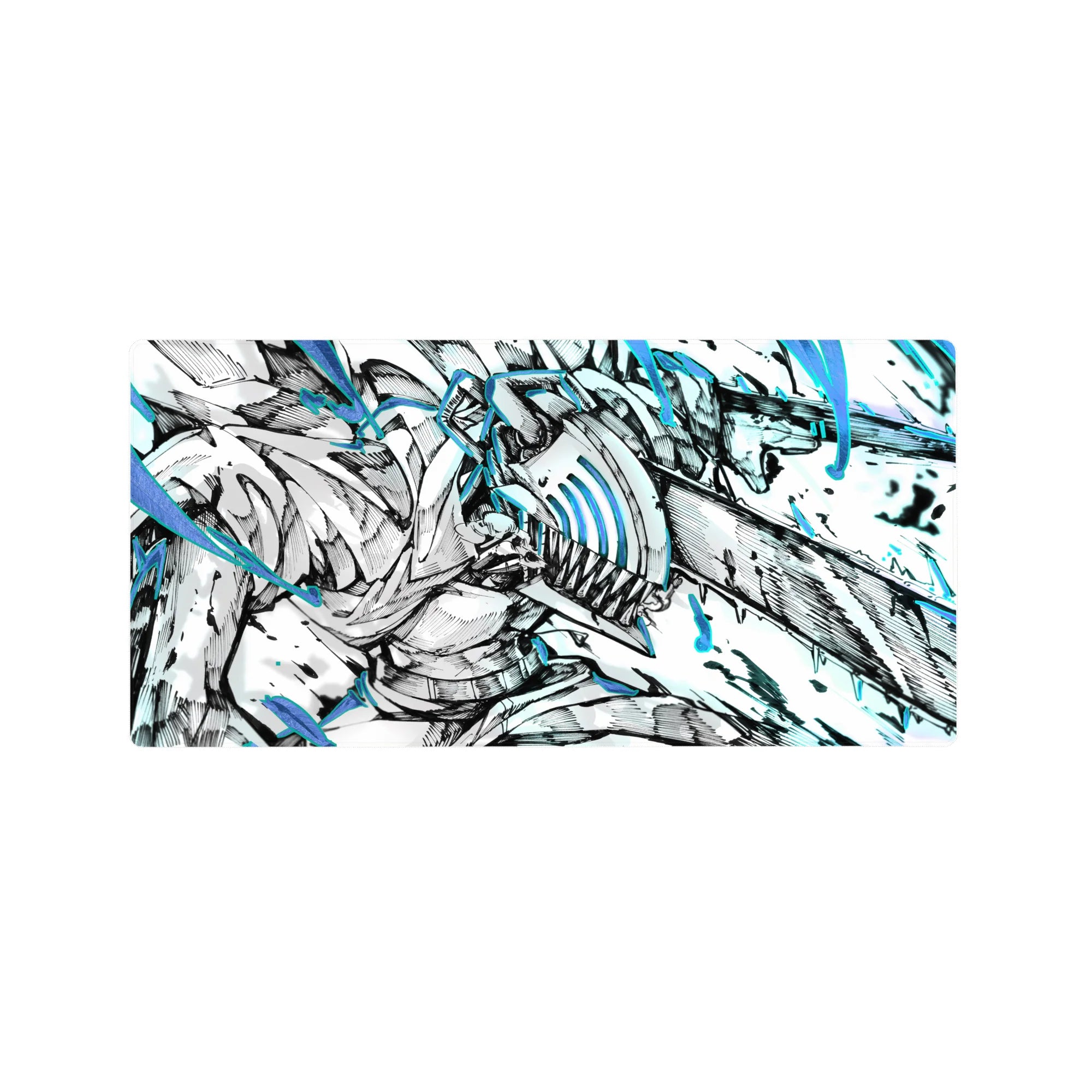 Denji from Chainsaw Man on 32x16 inches anime mouse pad, showcasing electric blues amid black-and-white chaos.