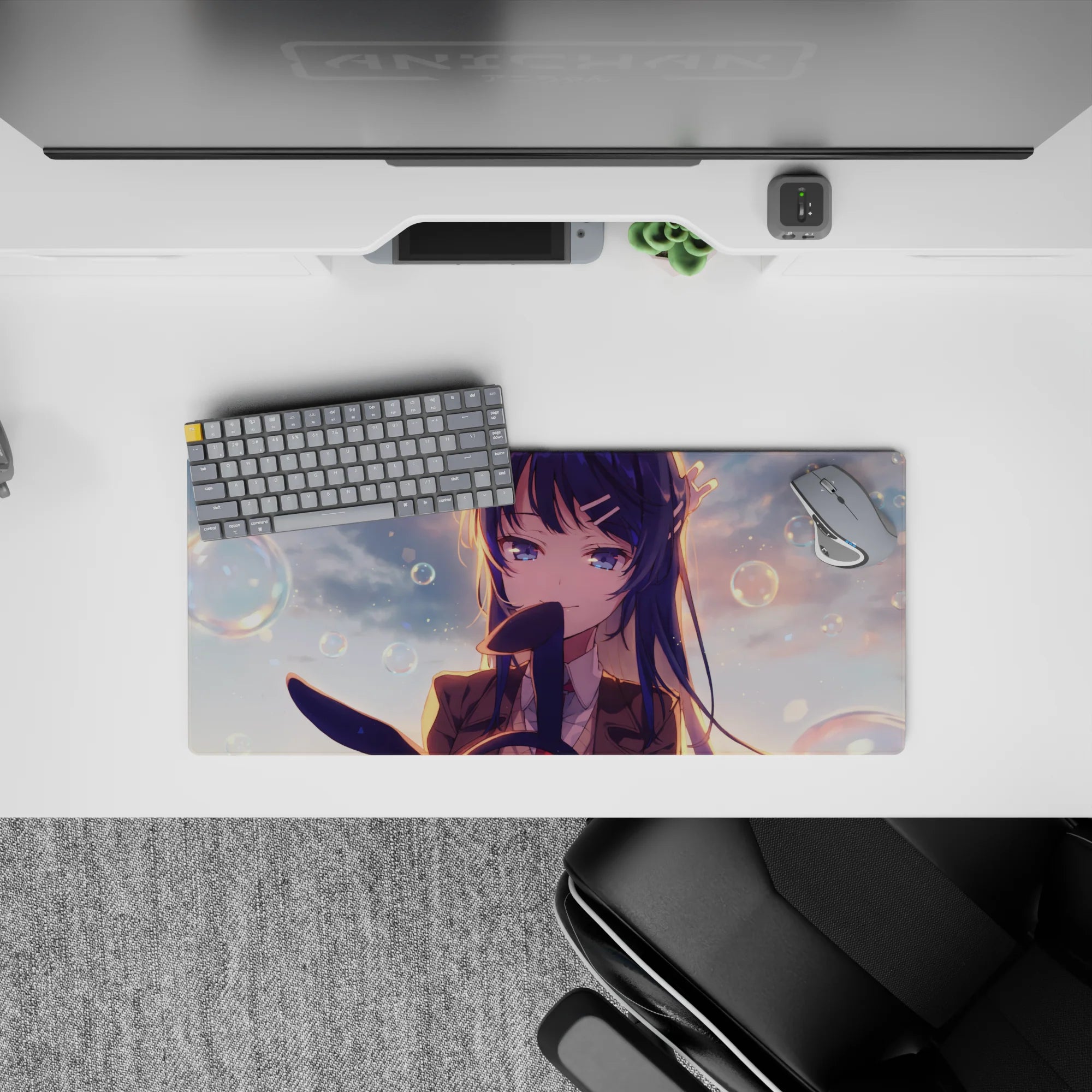 Cozy peach sunset glow anime mouse pad 28x12 inches with dreamy gradients, sparkly highlights, soft bokeh.