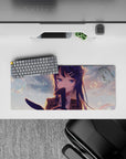 Cozy peach sunset glow anime mouse pad 28x12 inches with dreamy gradients, sparkly highlights, soft bokeh.