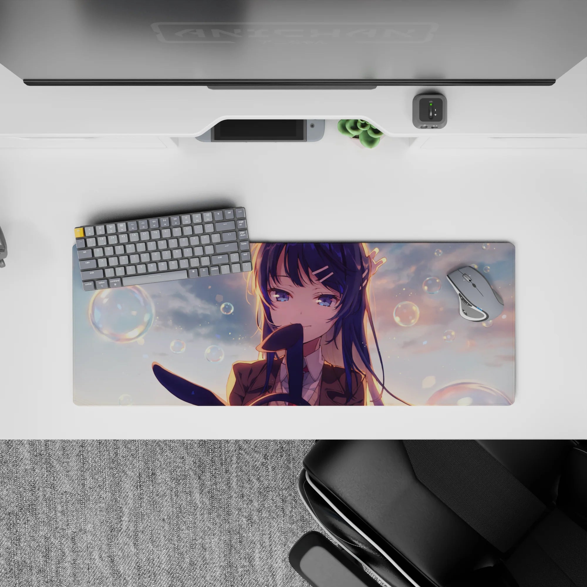Anime girl mouse pad 32x12 inches in warm peach sunset glow with bubbles, dreamy bokeh, and sparkles.