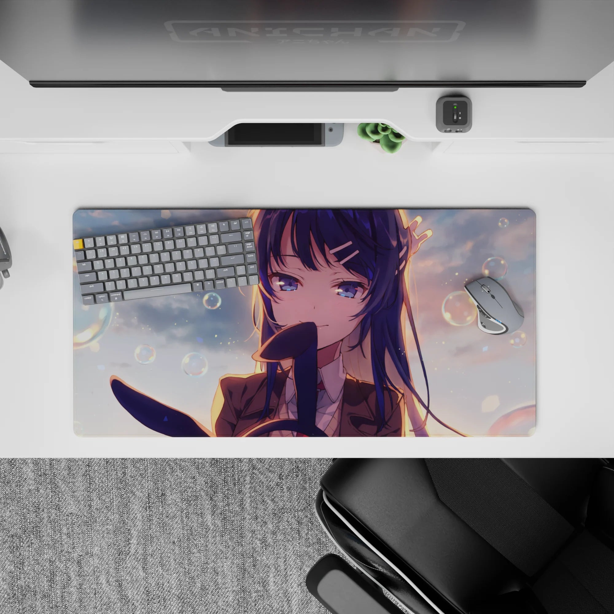 Cute anime mouse pad 32x16 inches in warm peach sunset tones with dreamy gradients and calming sparkle.