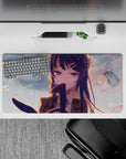 Cute anime mouse pad 32x16 inches in warm peach sunset tones with dreamy gradients and calming sparkle.