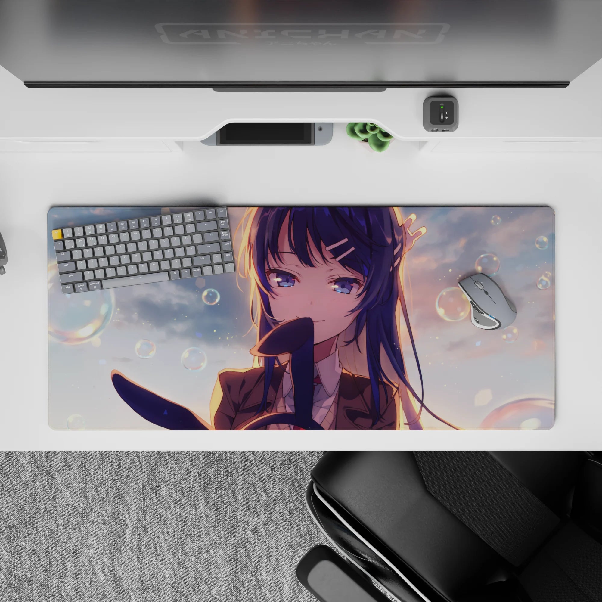 Pastel peach sunset mood on anime desk pad 36x16 inches, dreamy bokeh glow with sparkly highlights.