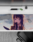Pastel peach sunset mood on anime desk pad 36x16 inches, dreamy bokeh glow with sparkly highlights.