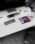 Shy blue-haired anime schoolgirl with hair clips and floating bubbles on a 14x10 inches mouse pad.