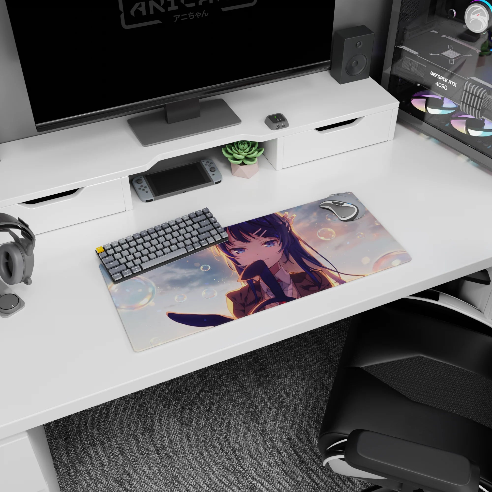 Shy blue-haired anime schoolgirl with hair clips and teasing smile on mouse pad 28x12 inches.