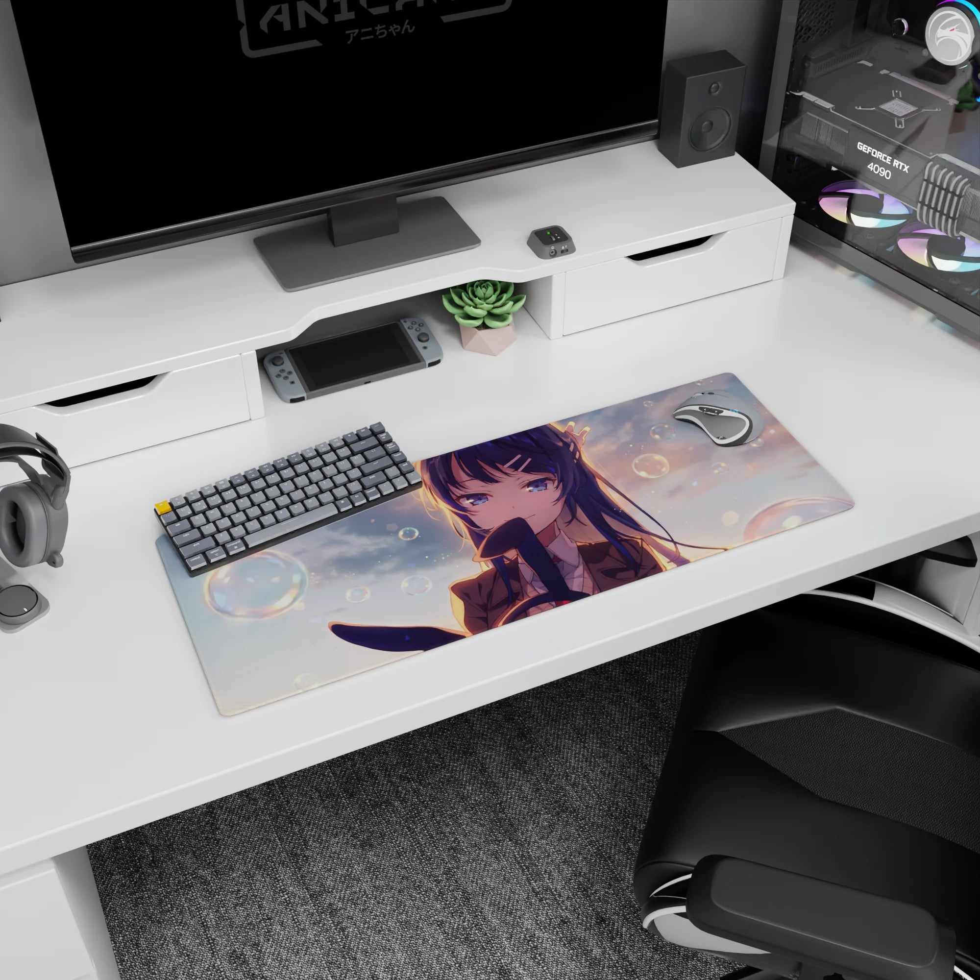 Anime girl mouse pad 32x12 inches featuring a shy blue-haired schoolgirl smiling under soft sunset skies.