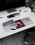 Anime girl mouse pad 32x12 inches featuring a shy blue-haired schoolgirl smiling under soft sunset skies.