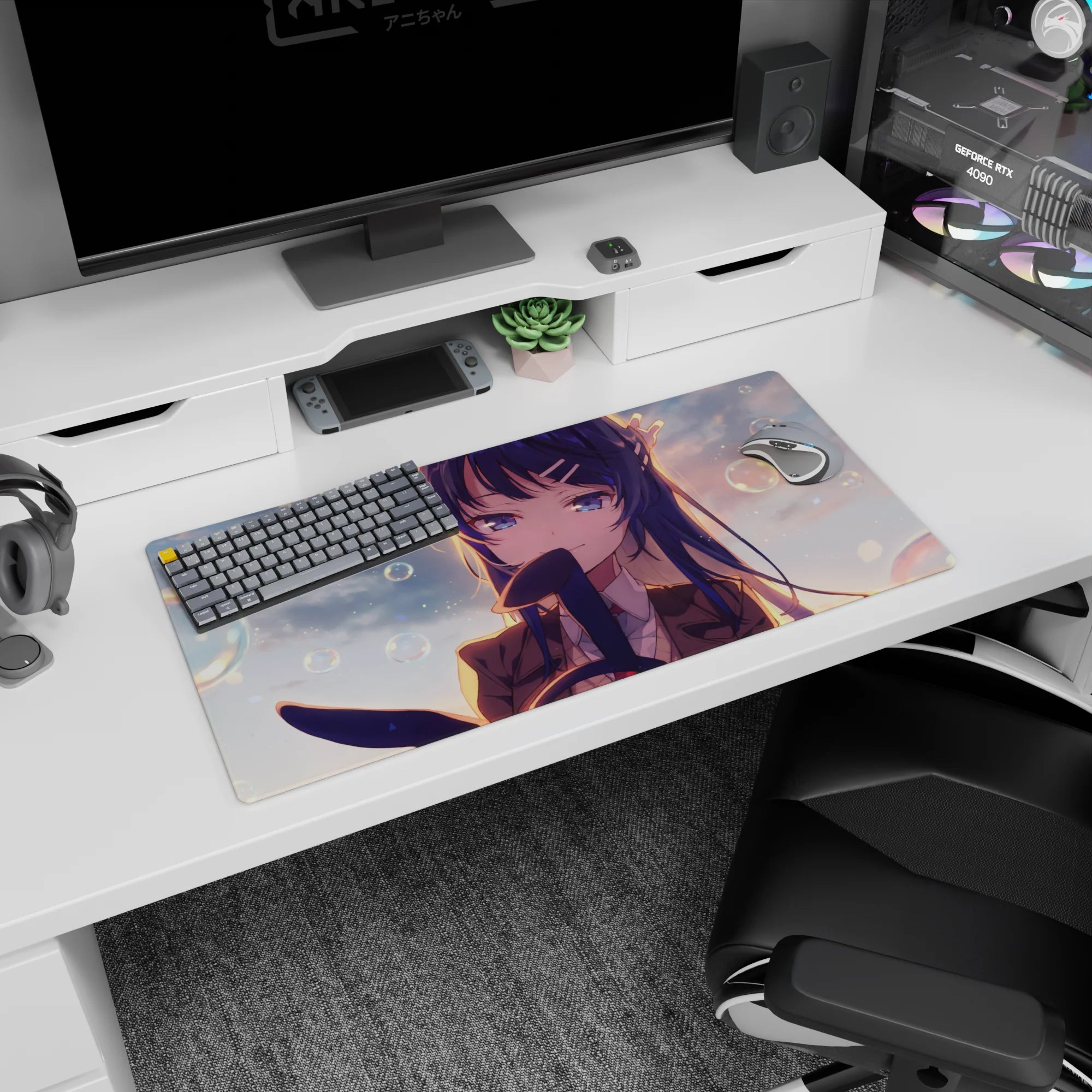 Long blue-haired anime schoolgirl under soft sunset bokeh bubbles on a 32x16 inches mouse pad.