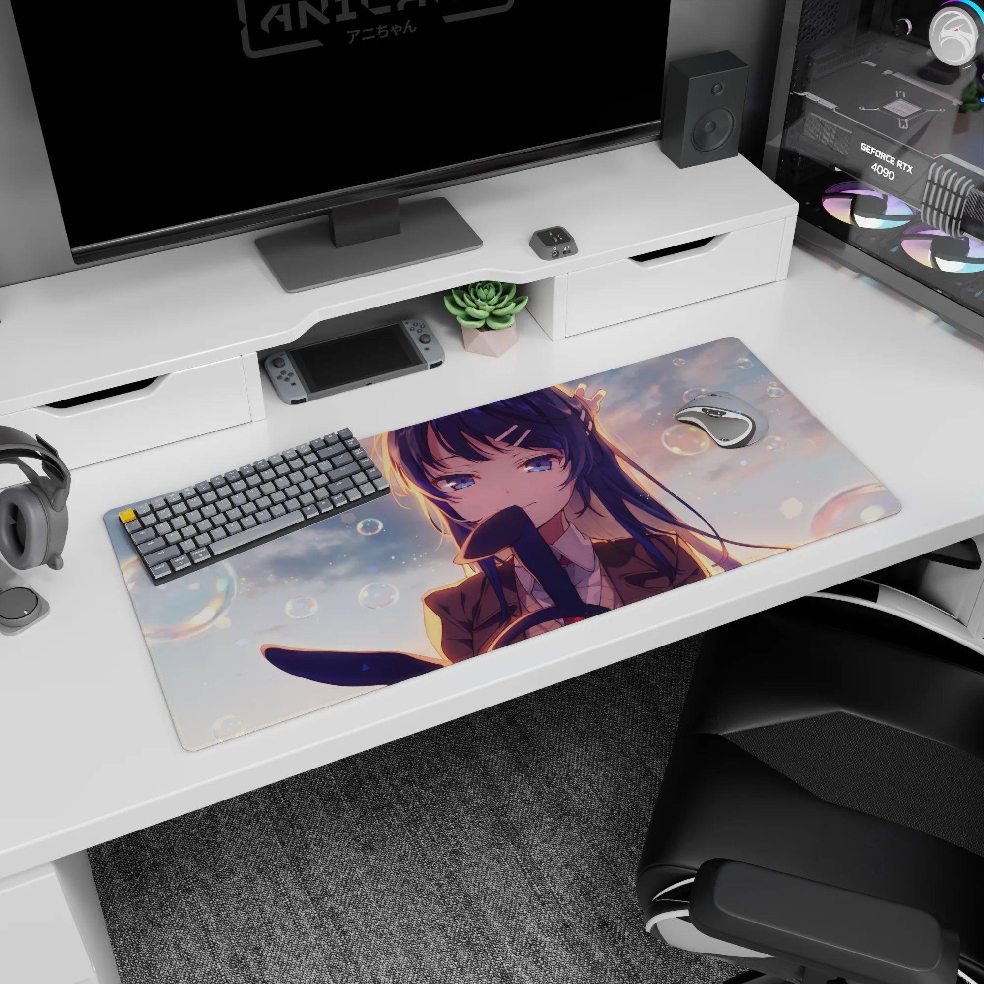 Shy blue-haired anime schoolgirl with hair clips and glossy violet eyes on desk pad 36x16 inches.
