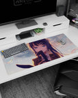 Shy blue-haired anime schoolgirl with hair clips and glossy violet eyes on desk pad 36x16 inches.