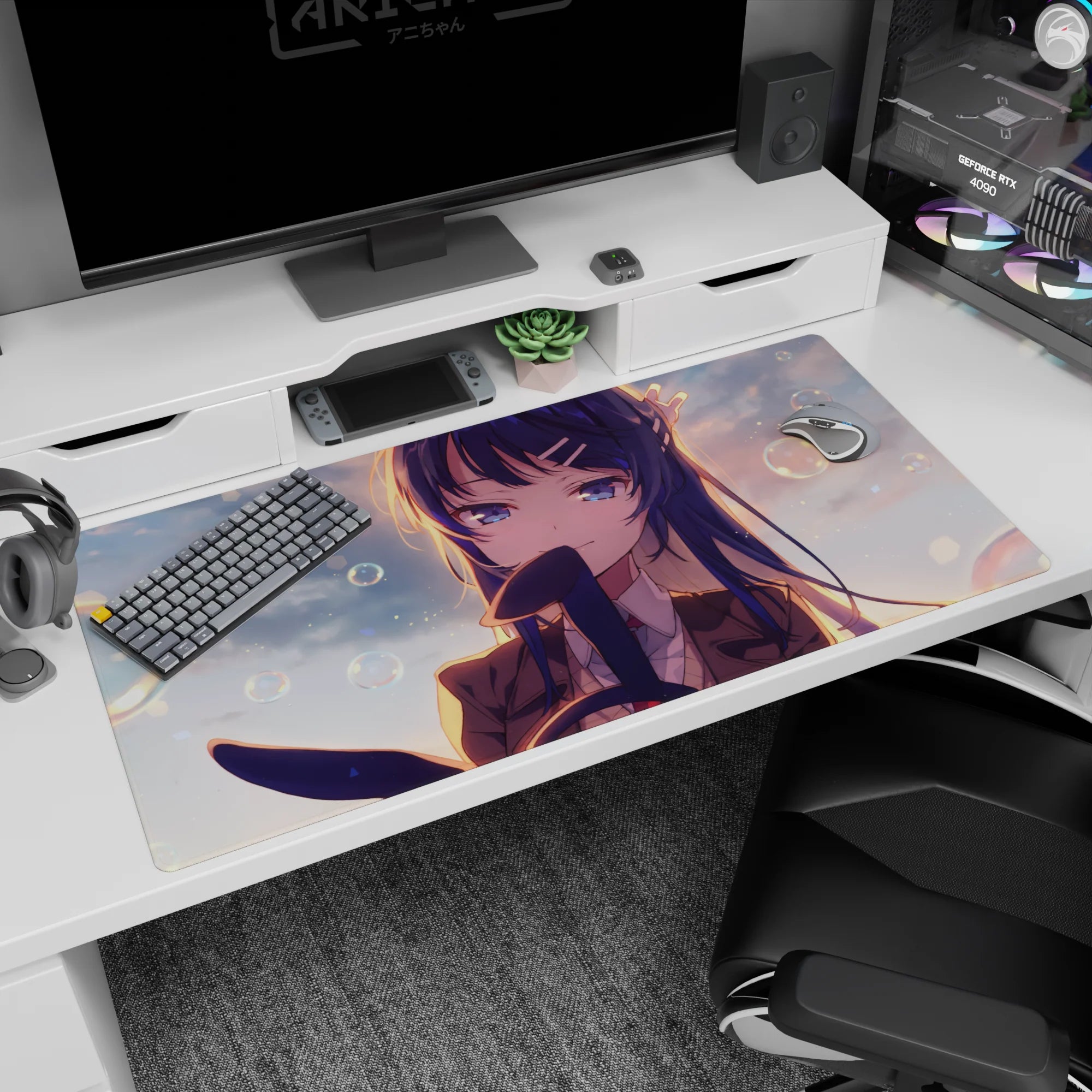 40x20 inches anime desk pad featuring shy blue-haired schoolgirl with hair clips, glossy violet eyes, floating bubbles.