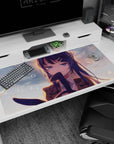 40x20 inches anime desk pad featuring shy blue-haired schoolgirl with hair clips, glossy violet eyes, floating bubbles.