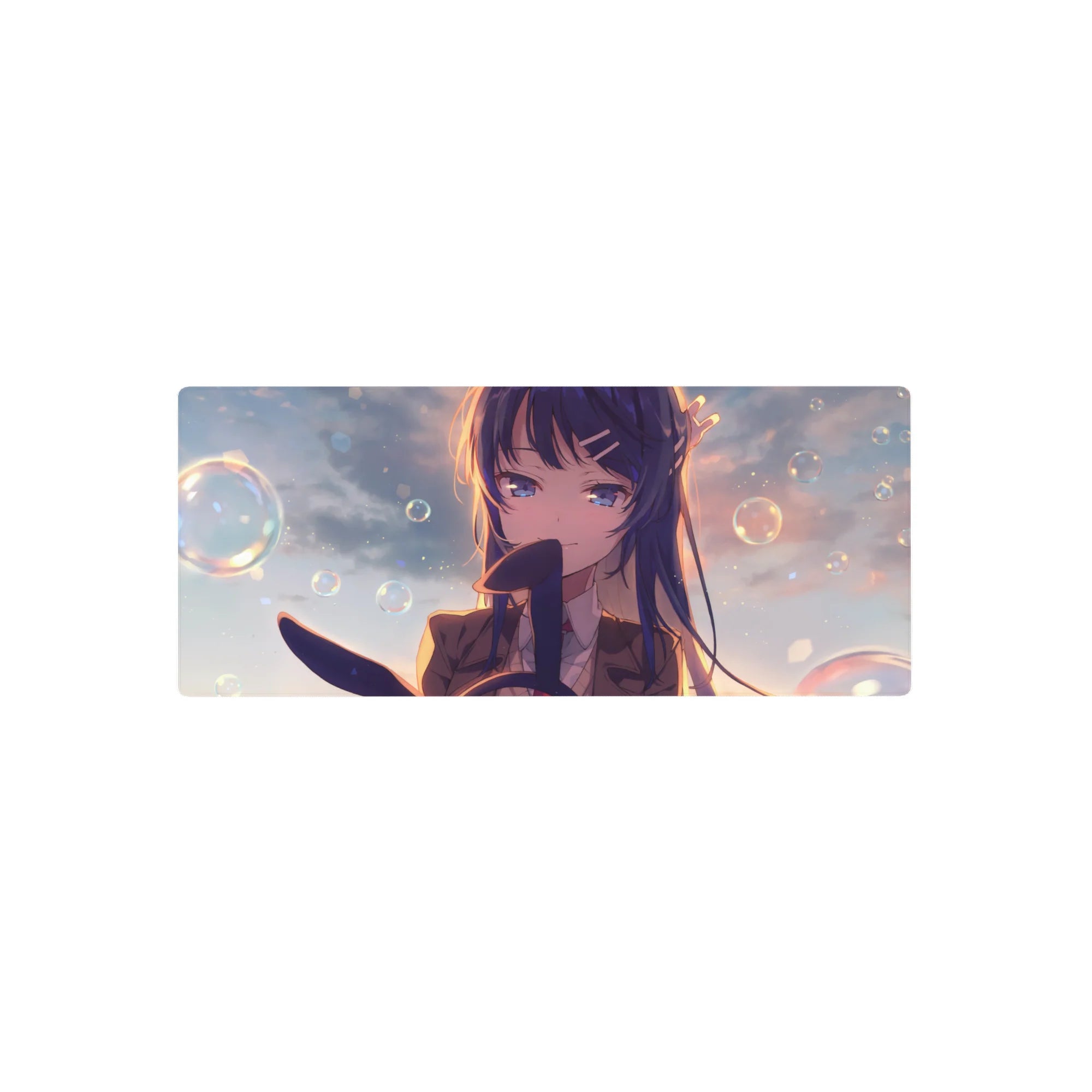 Anime girl mouse pad 28x12 inches with blue-haired schoolgirl, bubble bokeh background, glossy violet eyes.